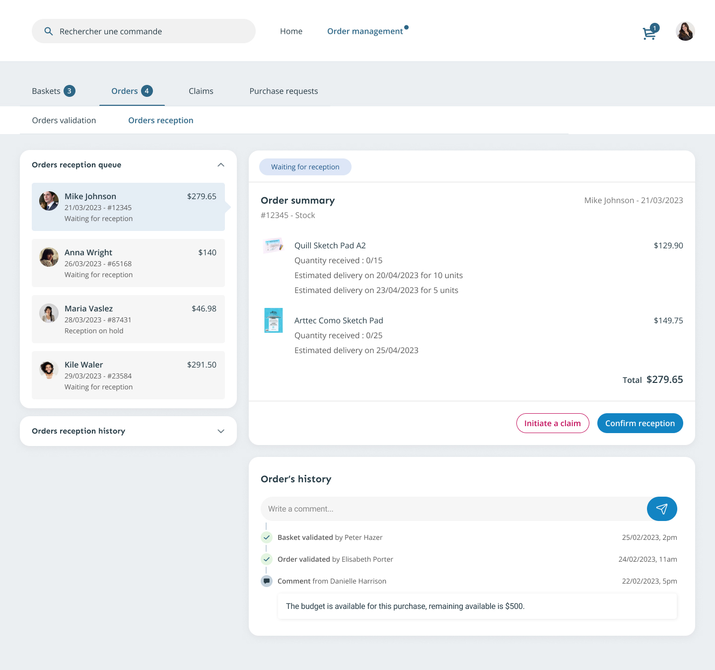 Order management interface