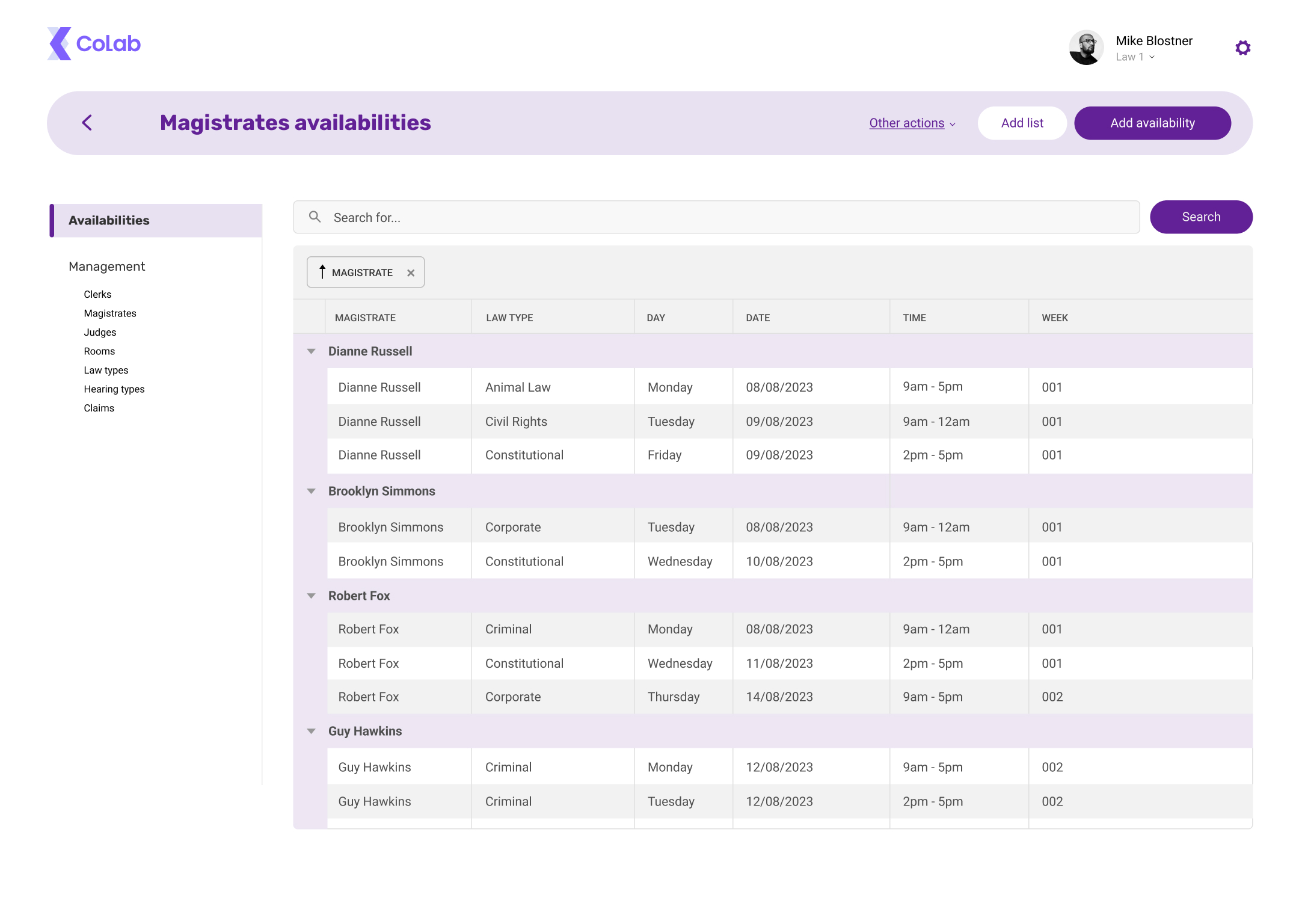 Magistrates availabilities